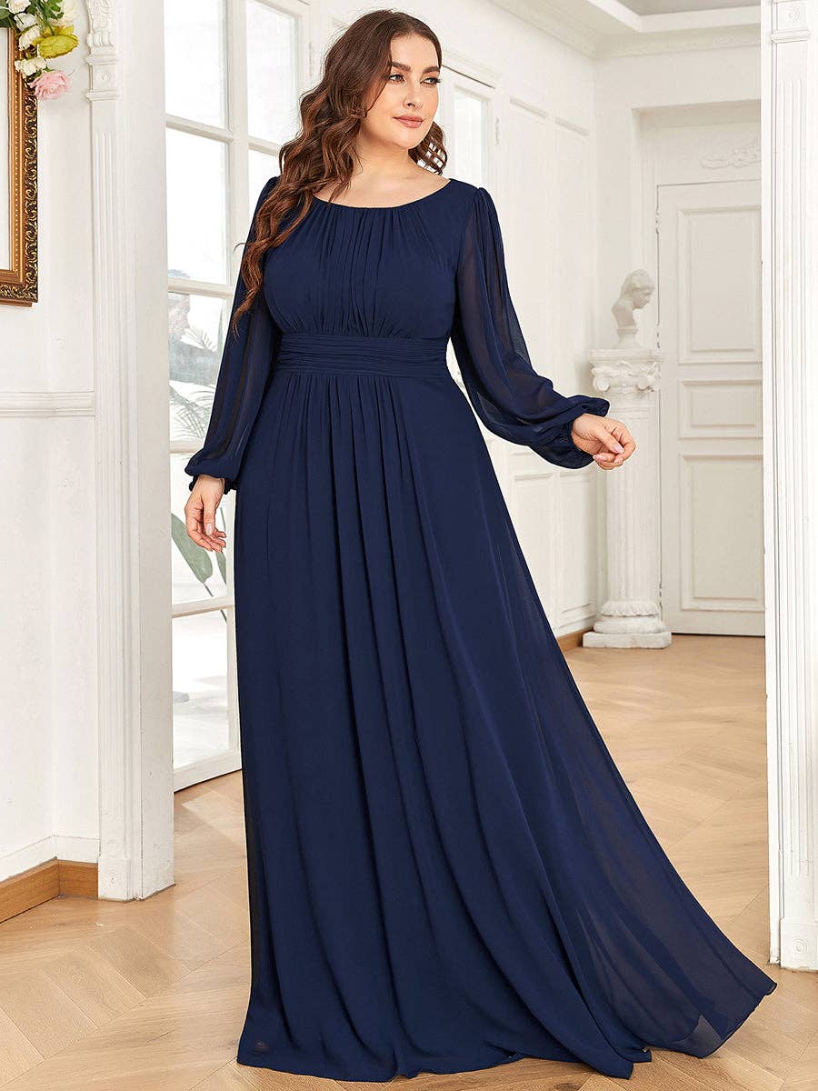 Plus Size Long Lantern Sleeves Round Neck Bridesmaid Dress
