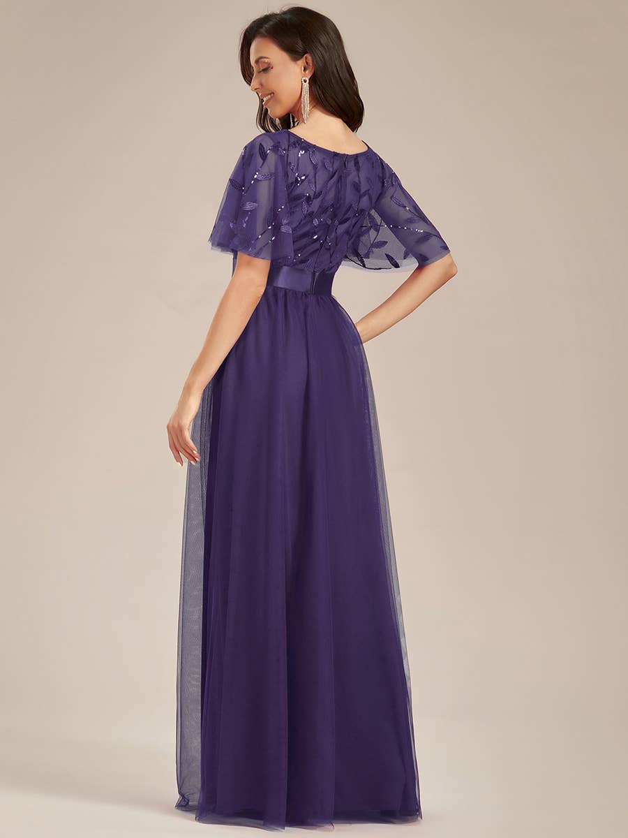 Sequin Print Maxi Long Evening Dresses with Cap Sleeve