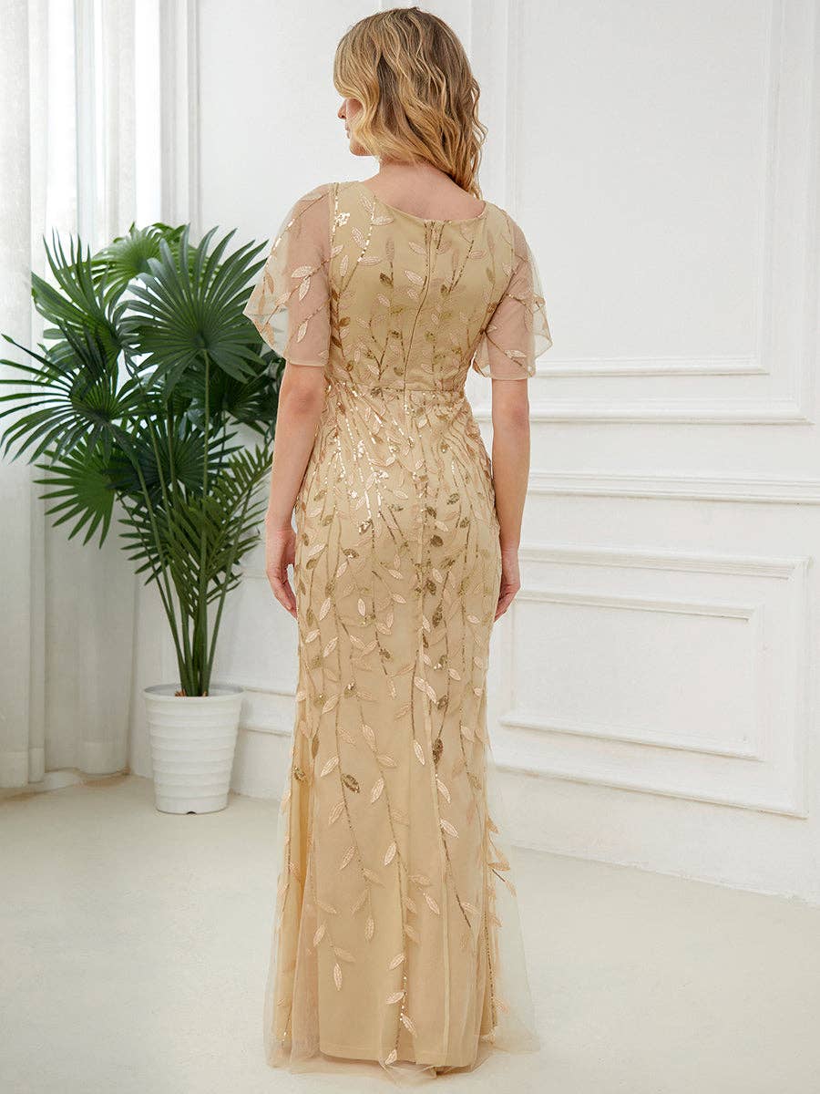Gorgeous Leaf-Sequined Evening Dress