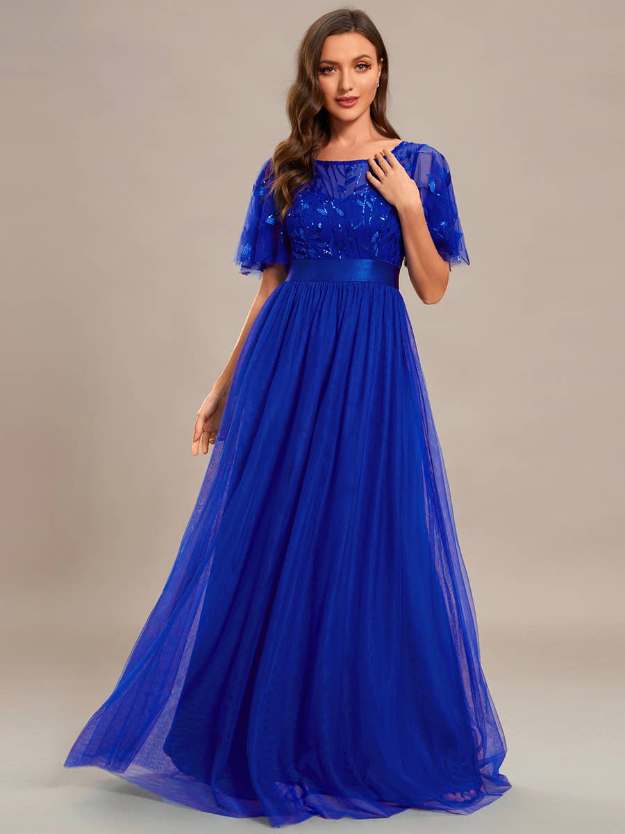 Sequin Print Maxi Long Evening Dresses with Cap Sleeve