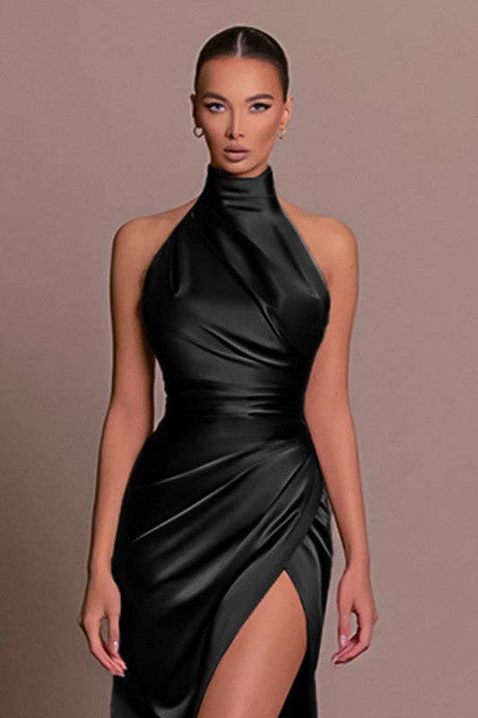 Stand Collar Halter Slit Dress