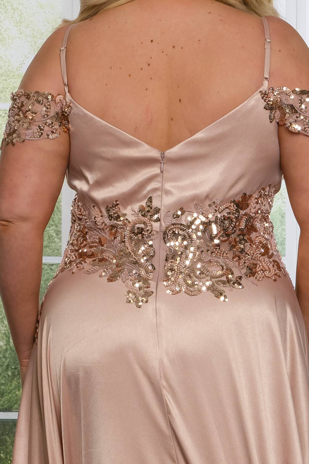 P7536-PLUS SATIN A LINE MAXI DRESS WITH SEQUINS AND BEADING