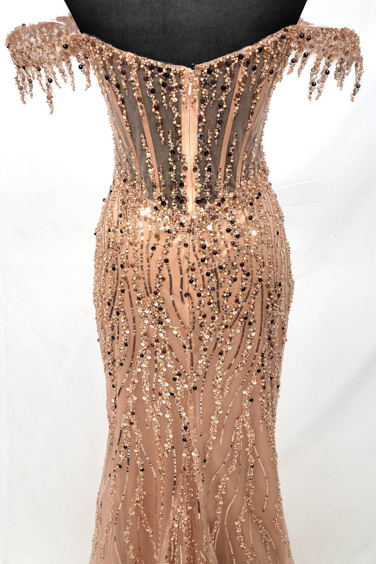Off the Shoulder Sequin and Bead Long Dress C331