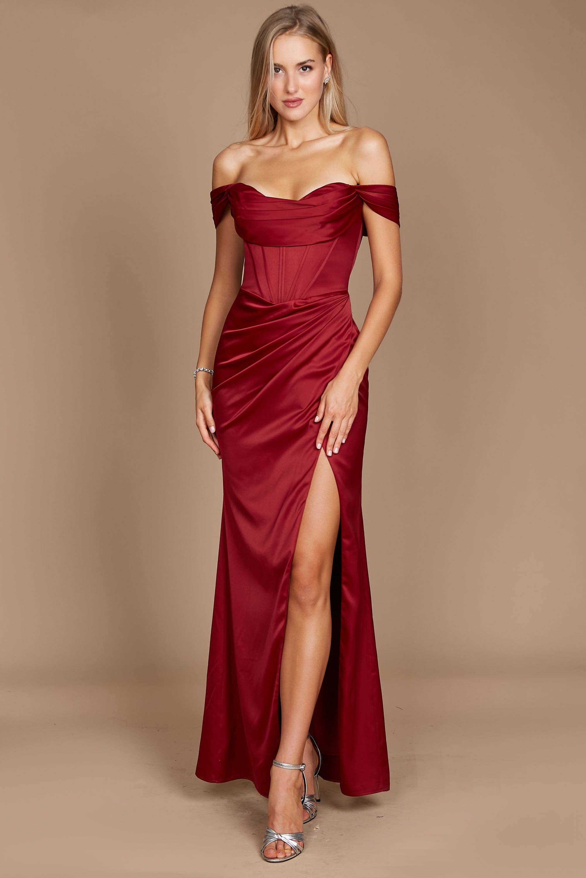 Corset Satin Prom Dress Off Shoulder, Slit and Strappy Back