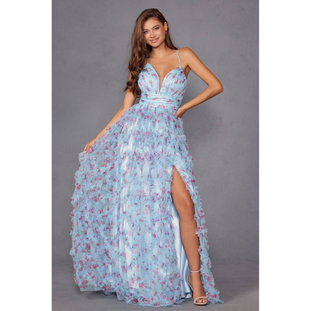 JT2572U THIS DRESS FEATURES A FITTED CORSET WITH A V-NECKLIN