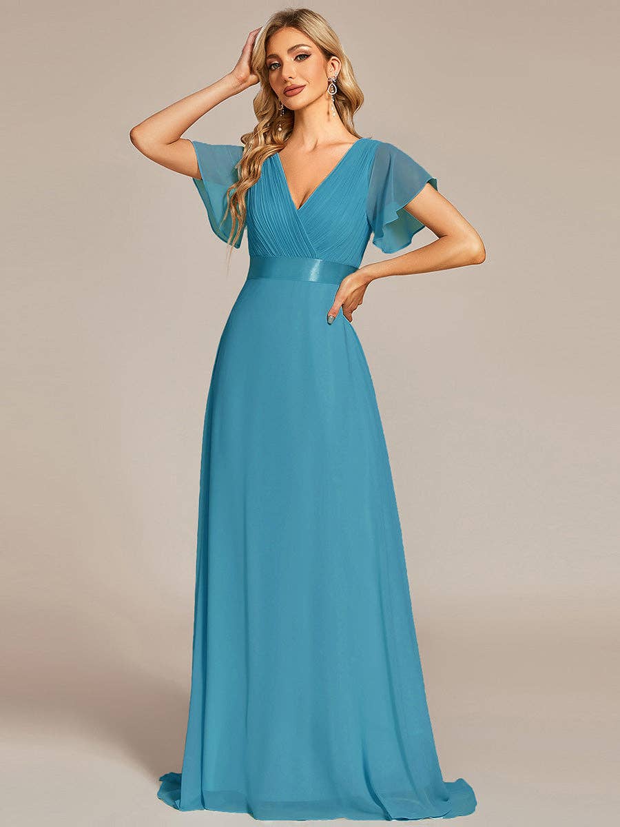 Double V-Neck Ruffles Chiffon Bridesmaid Dress