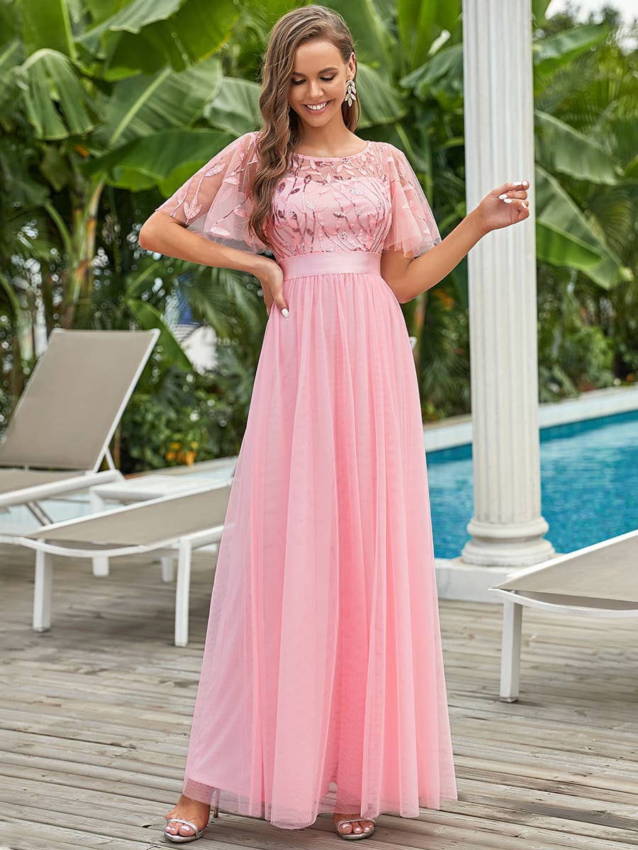 Sequin Print Maxi Long Evening Dresses with Cap Sleeve