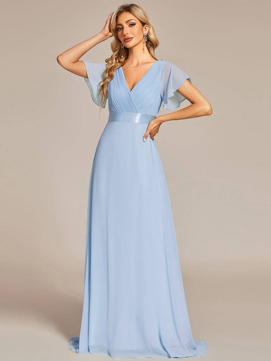 Double V-Neck Ruffles Chiffon Bridesmaid Dress