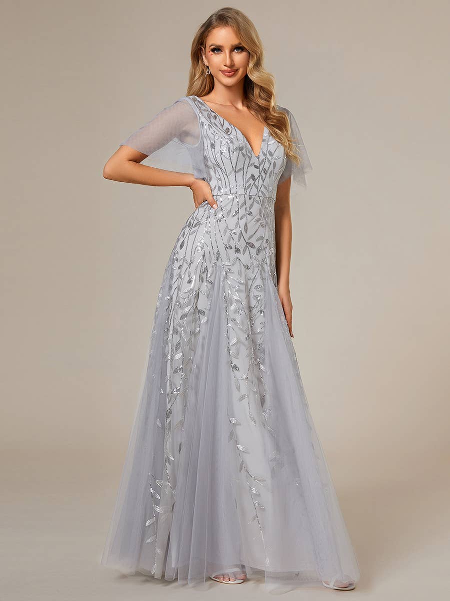Romantic Shimmery V Neck Ruffle Sleeves Evening Dress