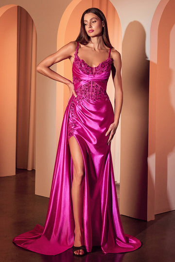 FITTED SATIN & LACE EVENING GOWN