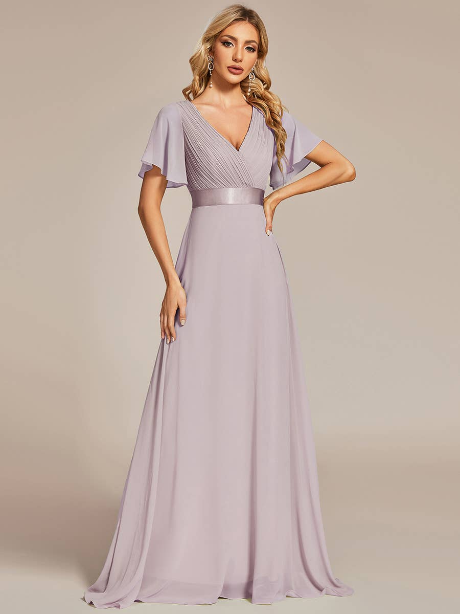 Double V-Neck Ruffles Chiffon Bridesmaid Dress