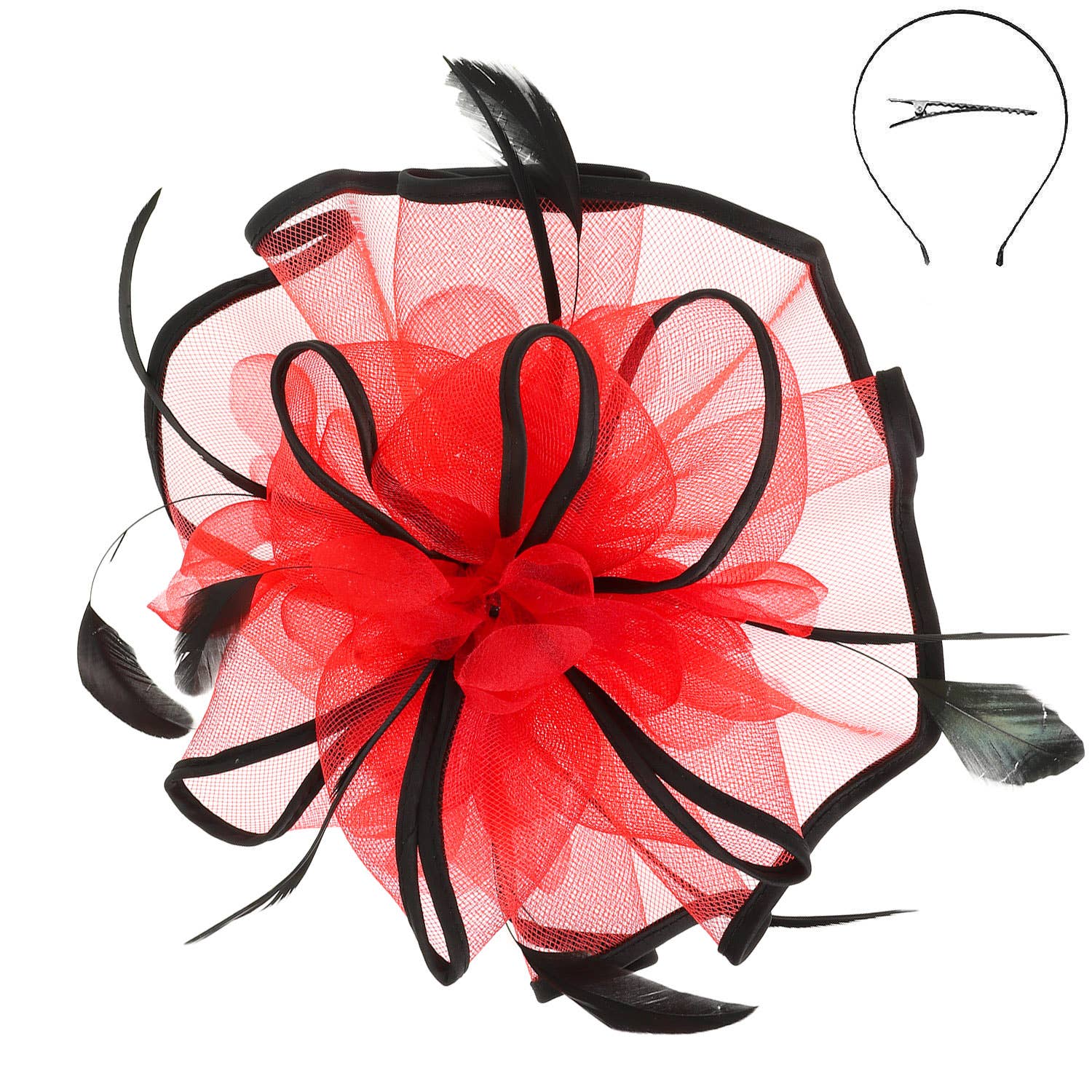 Floral Feathered Contrast Trim Mesh Fascinator