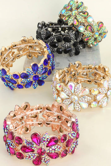 Floral Rhinestone Gem & Cluster Evening Stretch Bracelet