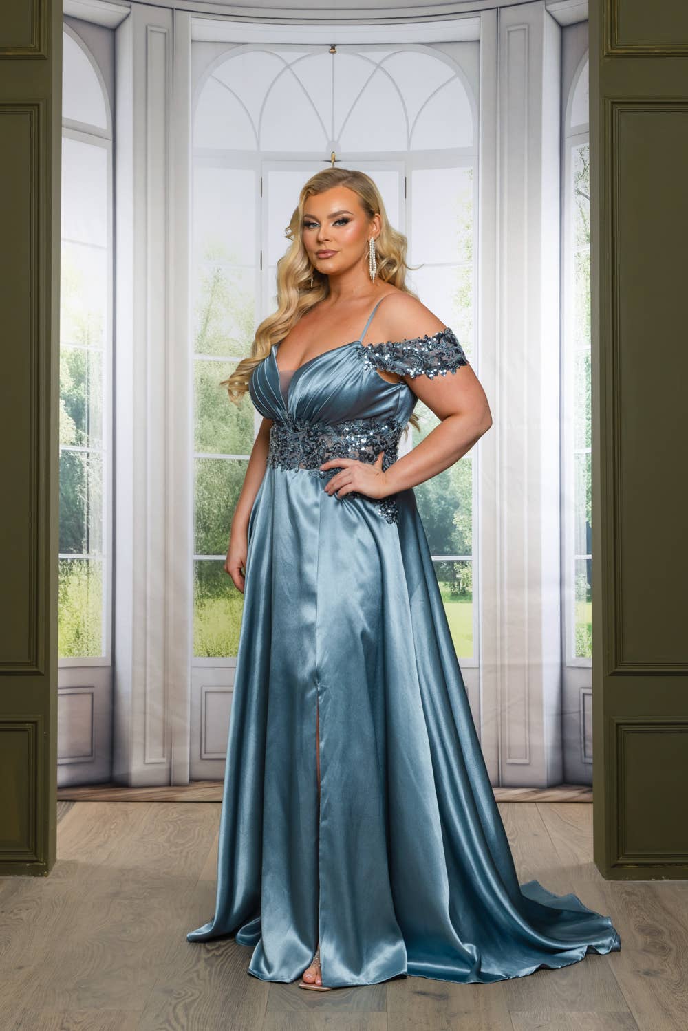 P7536-PLUS SATIN A LINE MAXI DRESS WITH SEQUINS AND BEADING