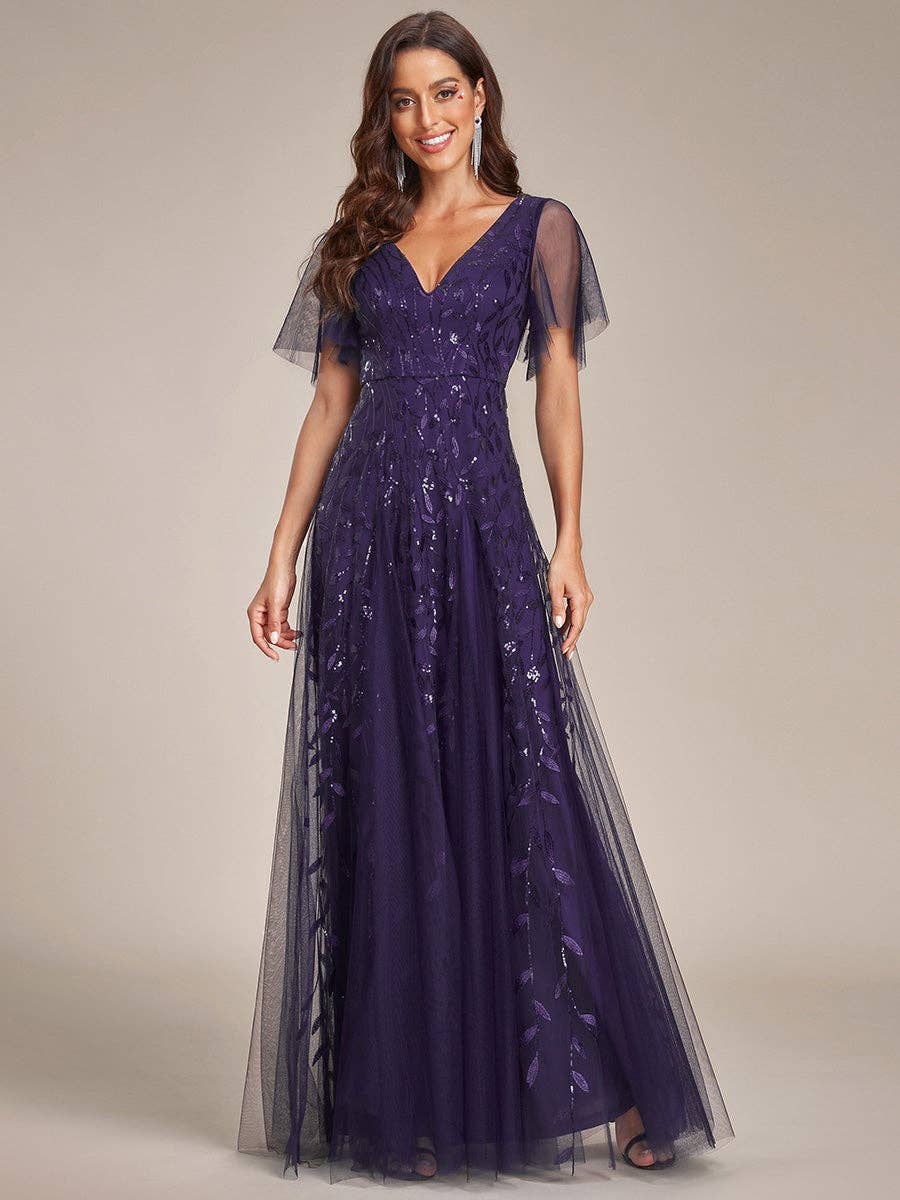Romantic Shimmery V Neck Ruffle Sleeves Evening Dress
