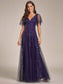 Romantic Shimmery V Neck Ruffle Sleeves Evening Dress