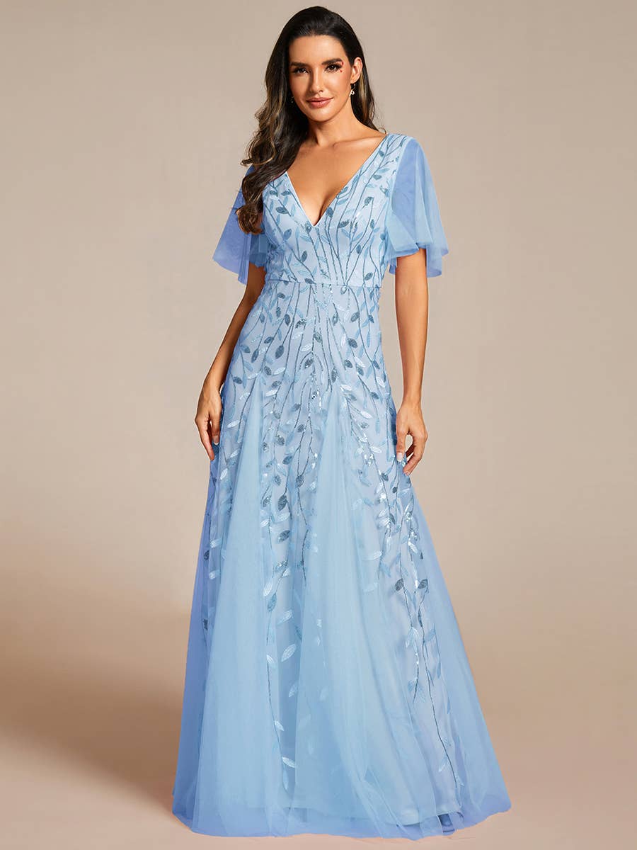 Romantic Shimmery V Neck Ruffle Sleeves Evening Dress