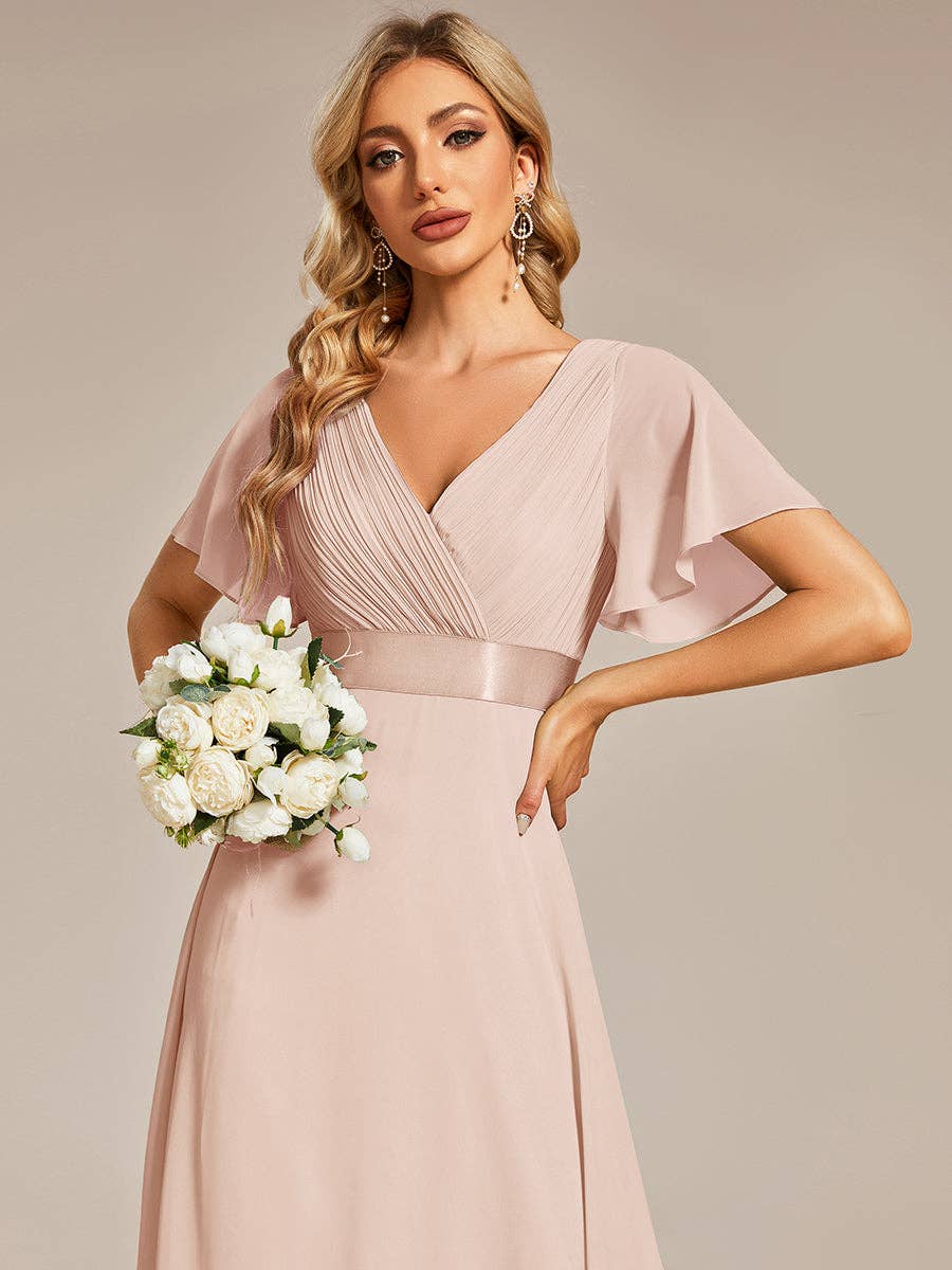 Double V-Neck Ruffles Chiffon Bridesmaid Dress