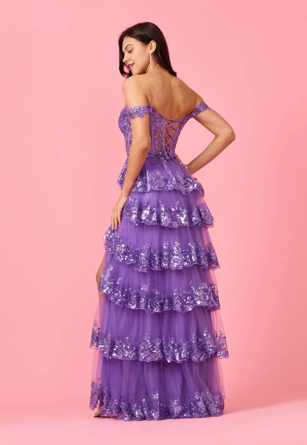 Tiered Prom Dress Off Shoulder Floral Lace with Shimmer