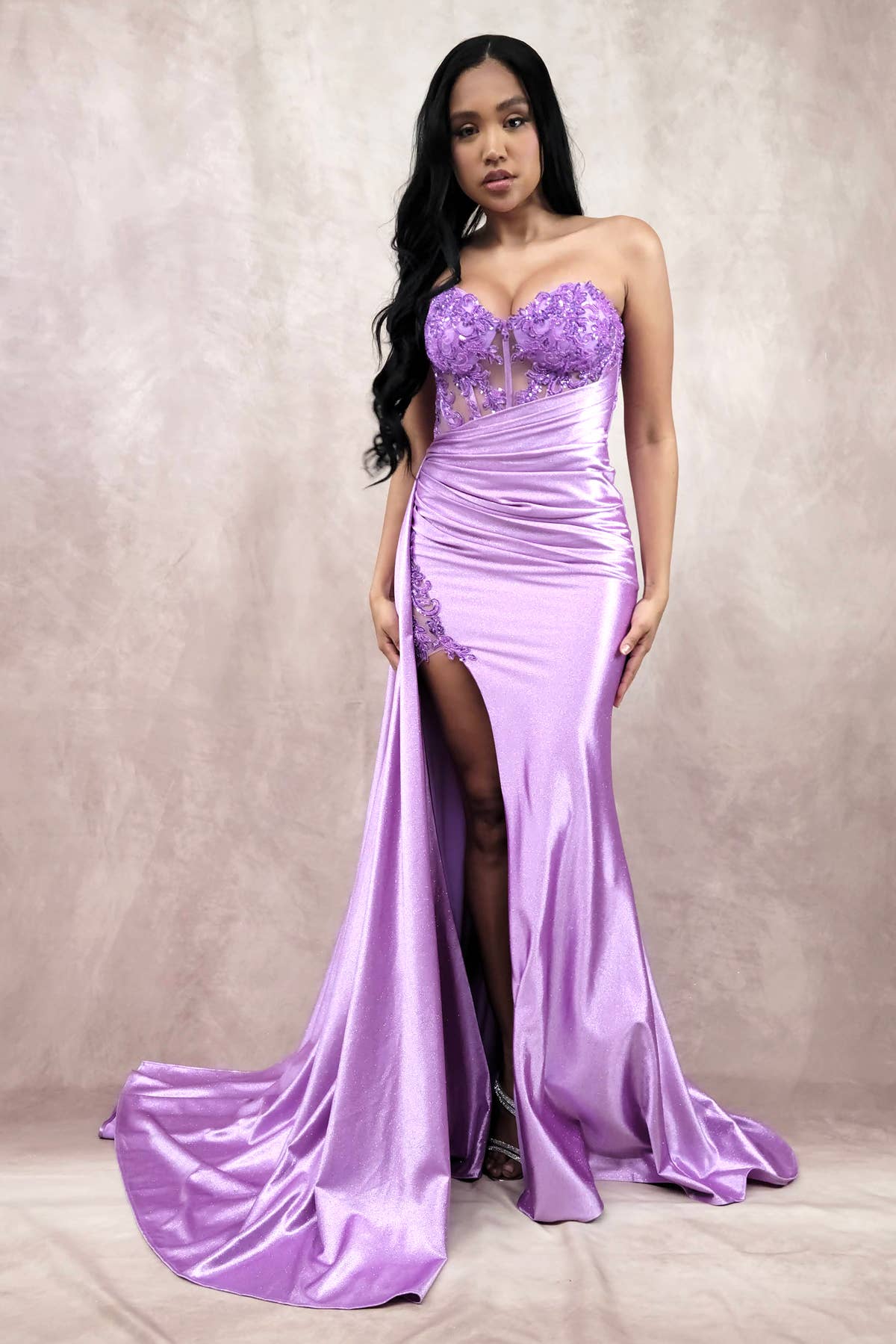 Floor length satin sweetheart dress with split skirt C843