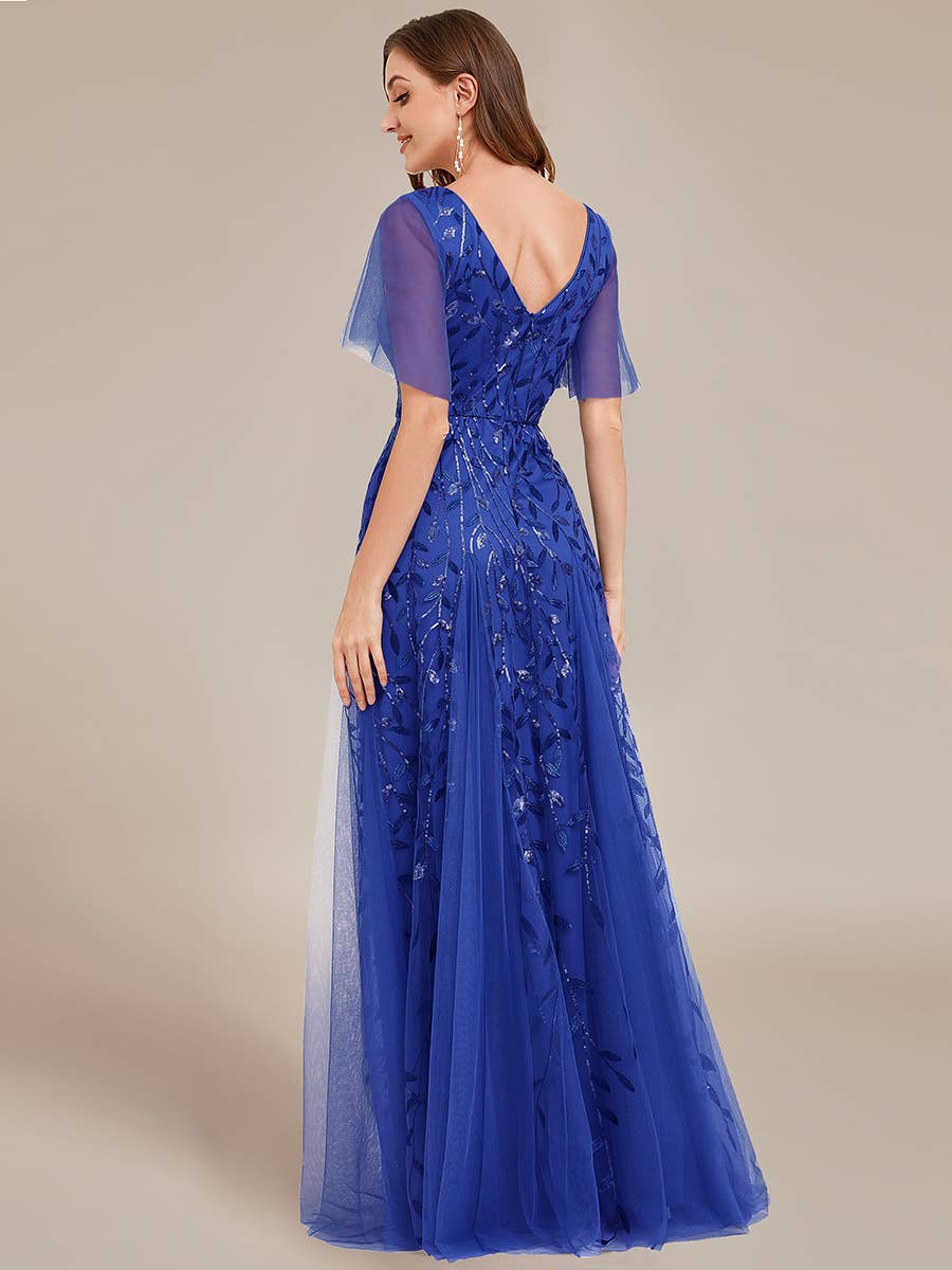 Romantic Shimmery V Neck Ruffle Sleeves Evening Dress