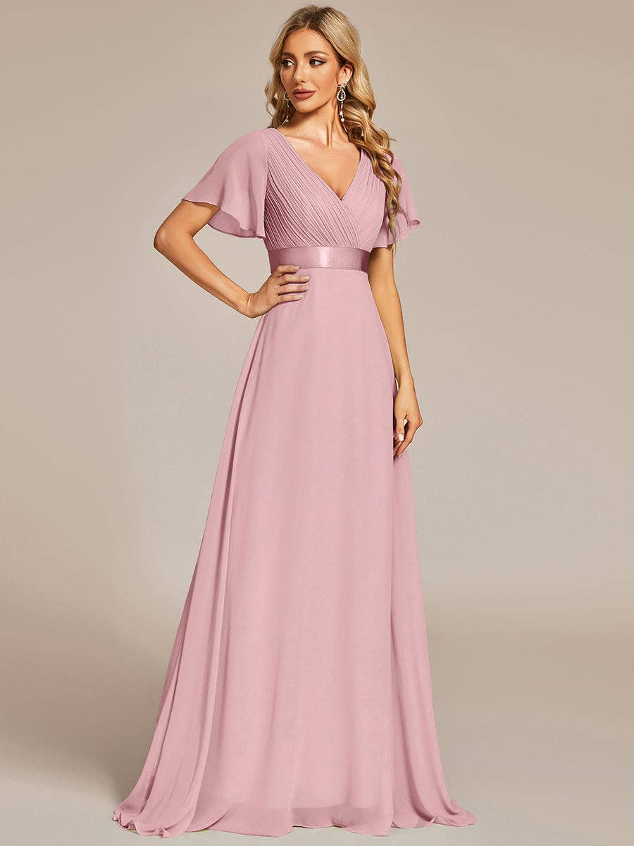 Double V-Neck Ruffles Chiffon Bridesmaid Dress