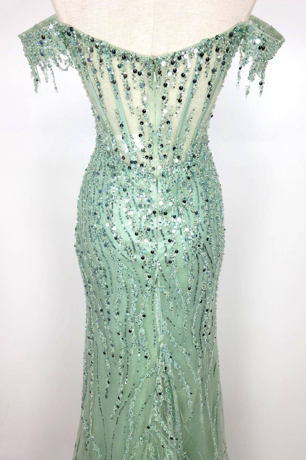Off the Shoulder Sequin and Bead Long Dress C331