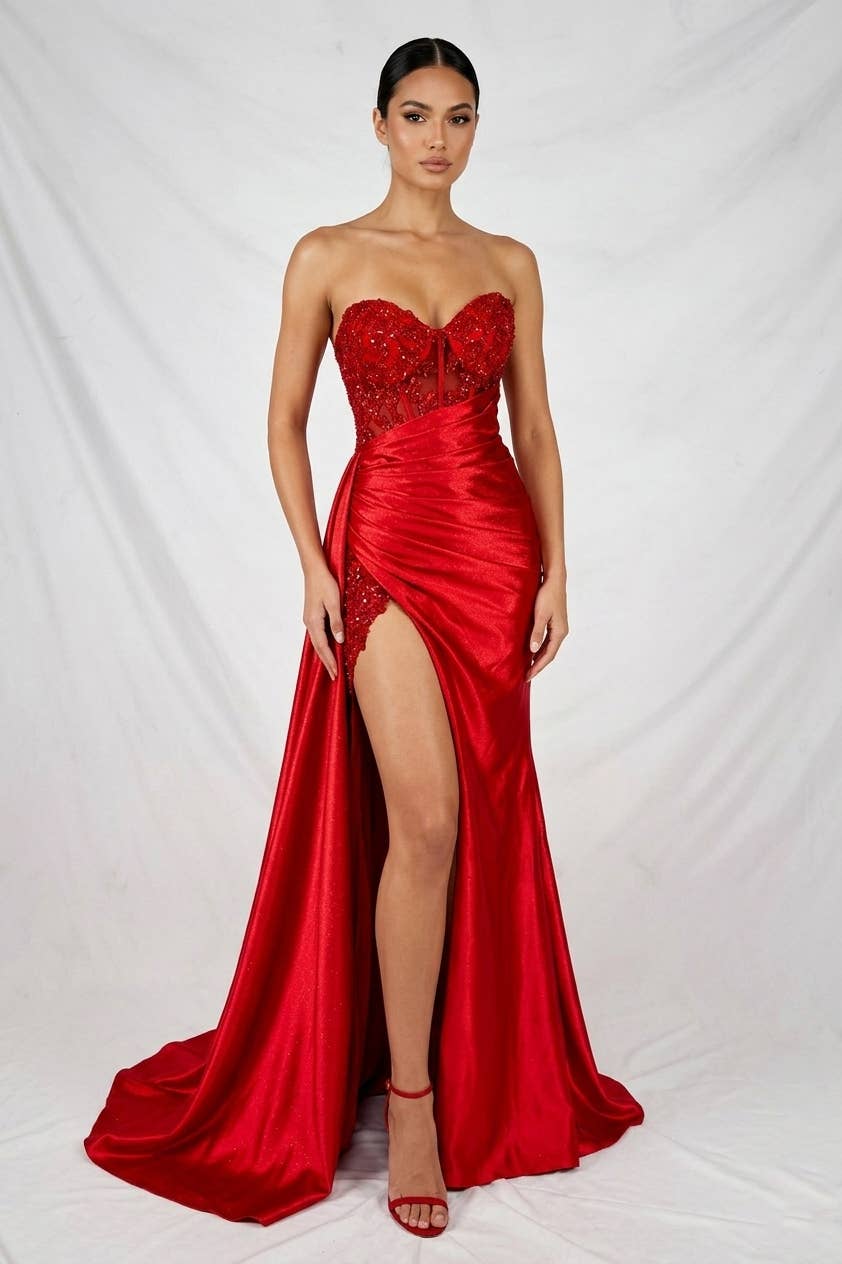 Floor length satin sweetheart dress with split skirt C843