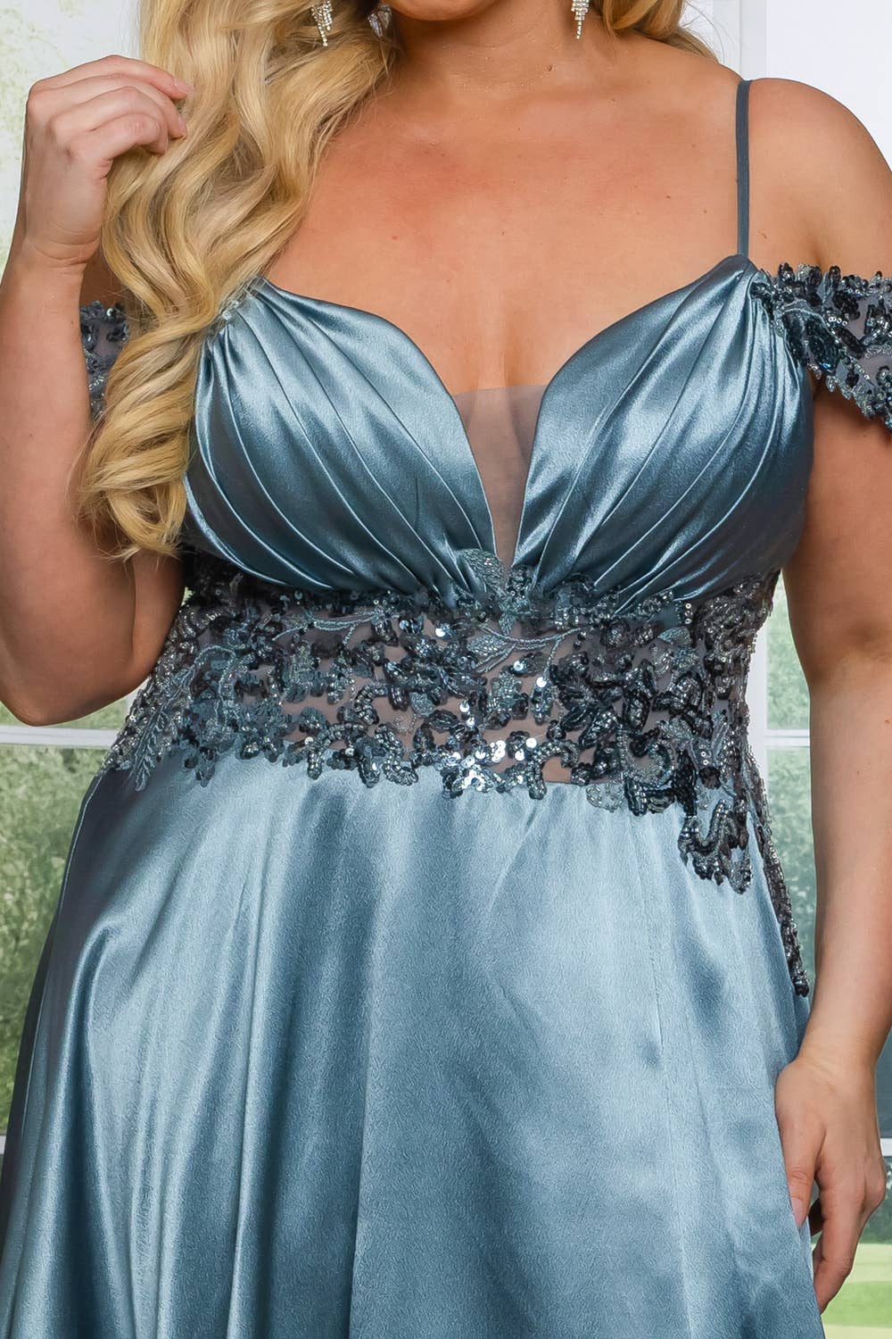 P7536-PLUS SATIN A LINE MAXI DRESS WITH SEQUINS AND BEADING