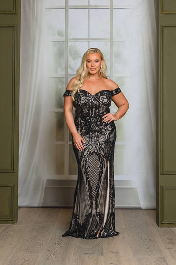 P1013P25-PLUS SIZE SEQUIN OFF SHOULDER MAXI DRESS