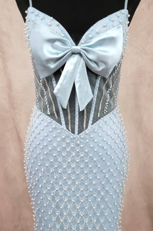 Long Dress With Bow, Pearls And Jewel Rhinestones C848