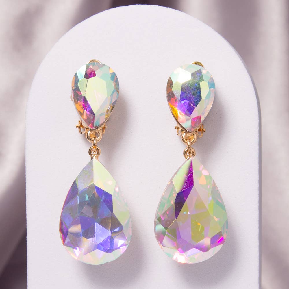 Two-Tier Teardrop-Cut Crystal Dangle Clip-On Earrings