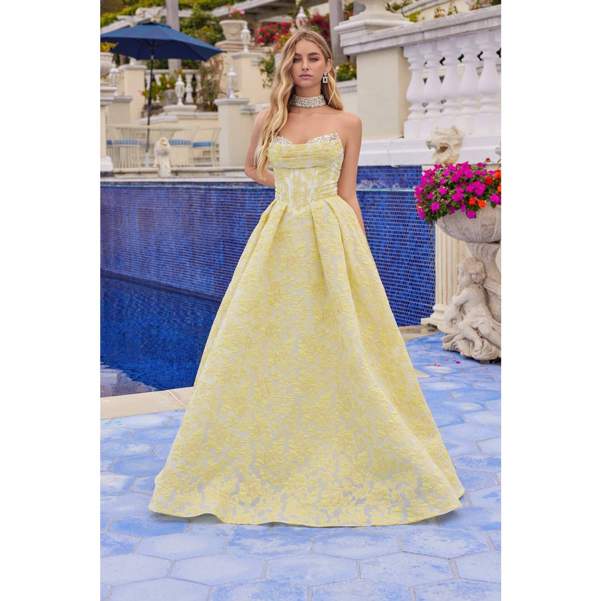 JACQUARD STRAPLESS BALL GOWN WITH STRUCTURED CORSET BODICE A