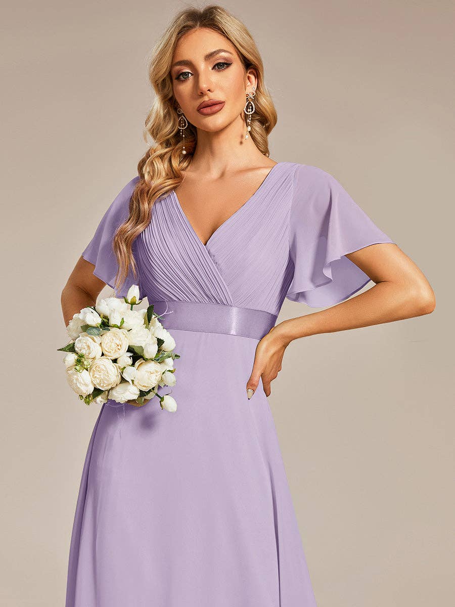 Double V-Neck Ruffles Chiffon Bridesmaid Dress