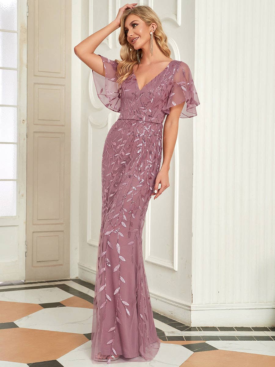 Gorgeous Leaf-Sequined Evening Dress