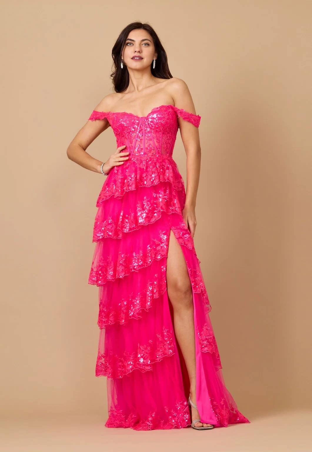 Tiered Prom Dress Off Shoulder Floral Lace with Shimmer