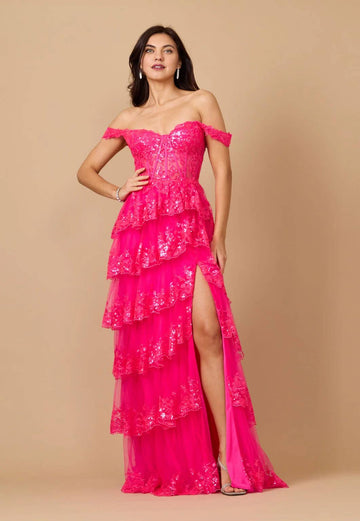 Tiered Prom Dress Off Shoulder Floral Lace with Shimmer