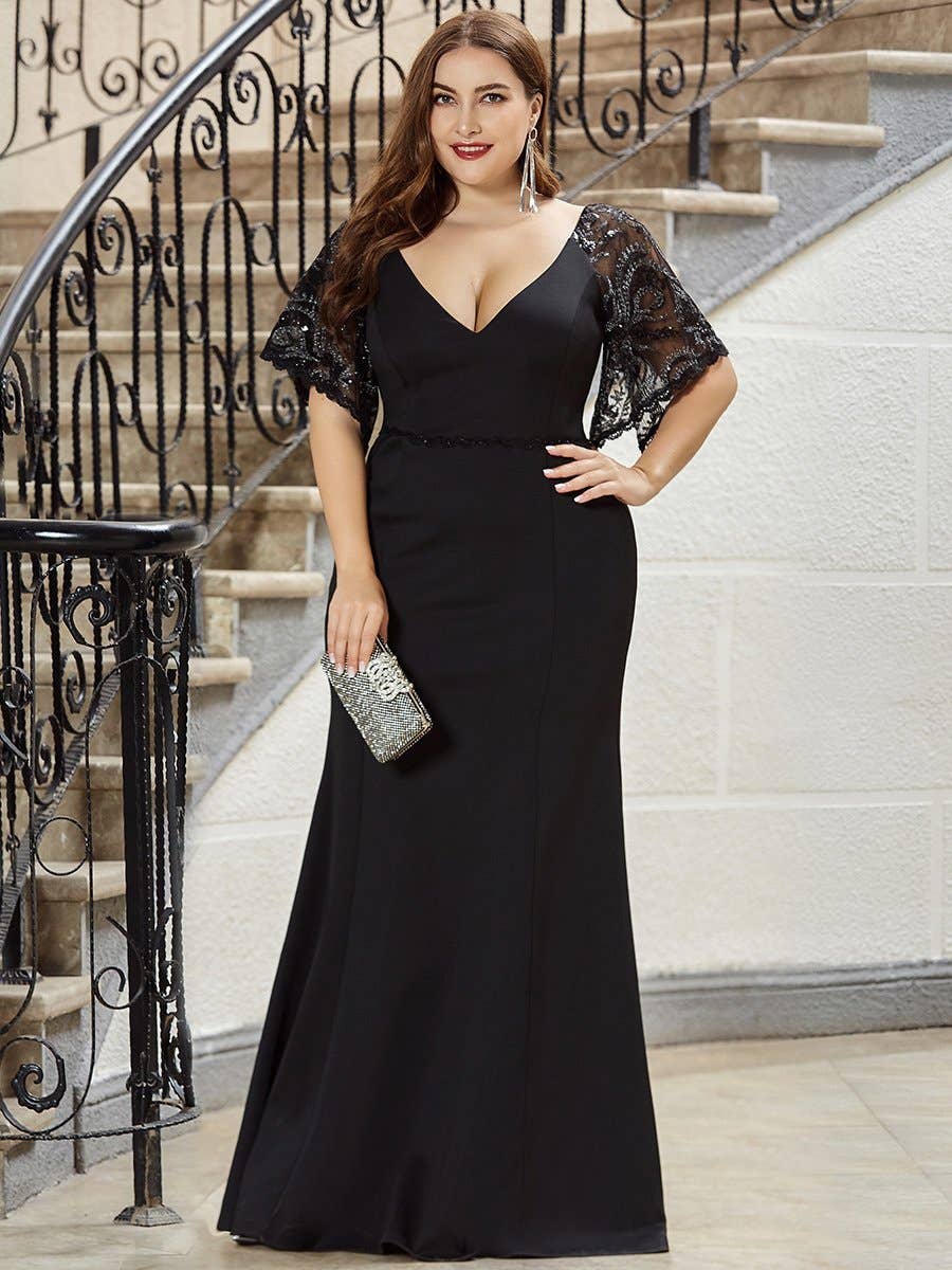 Elegant Plus Size V Neck Fishtail Evening Dress