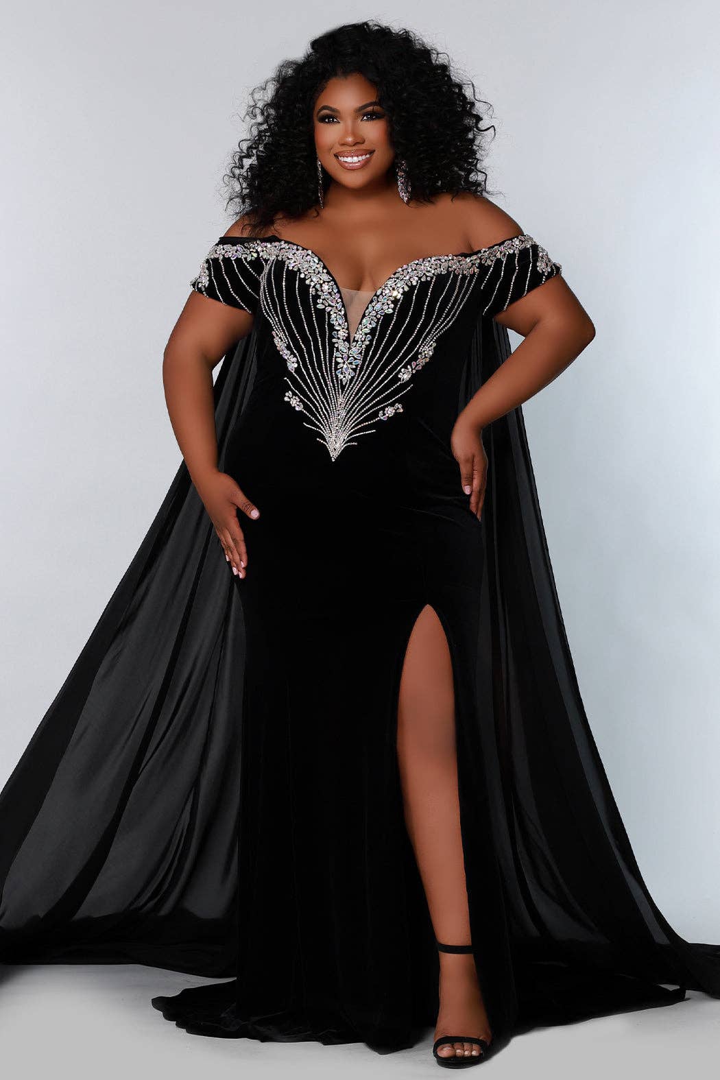 Plus Size Beaded Velvet Pageant Gown with Cape