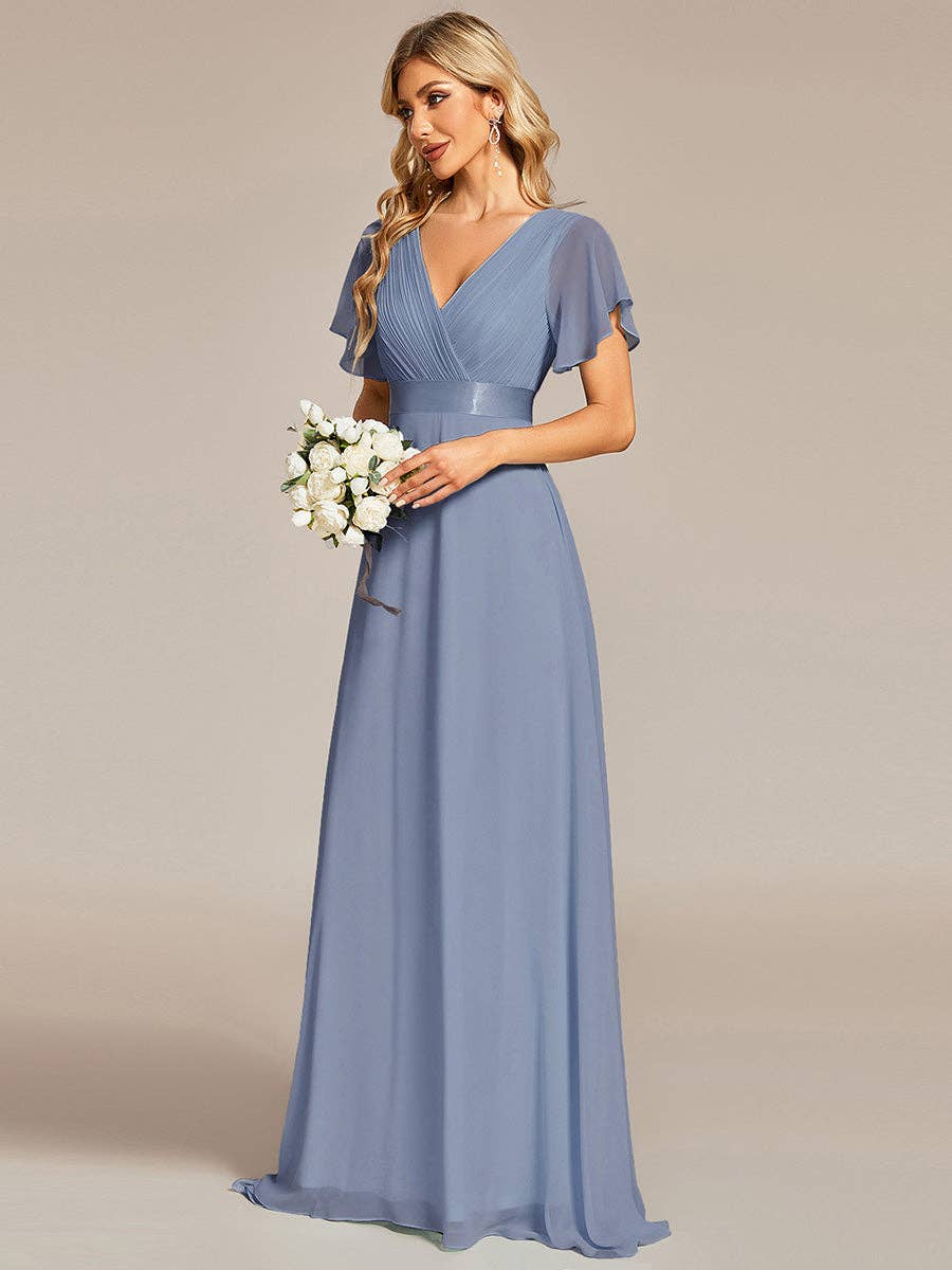 Double V-Neck Ruffles Chiffon Bridesmaid Dress