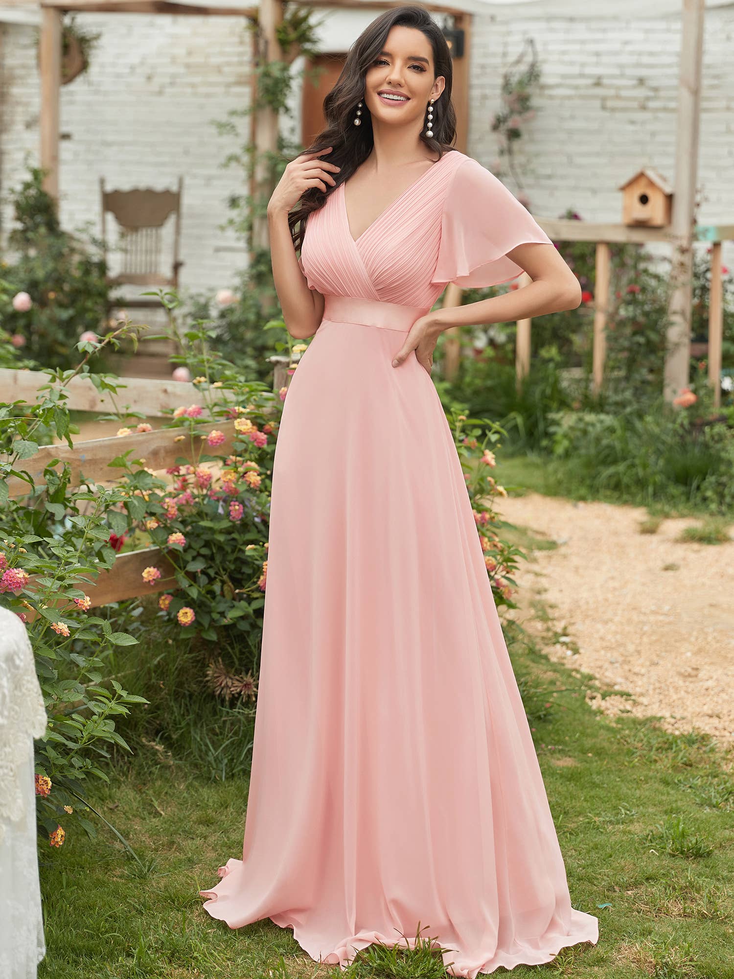 Double V-Neck Ruffles Chiffon Bridesmaid Dress