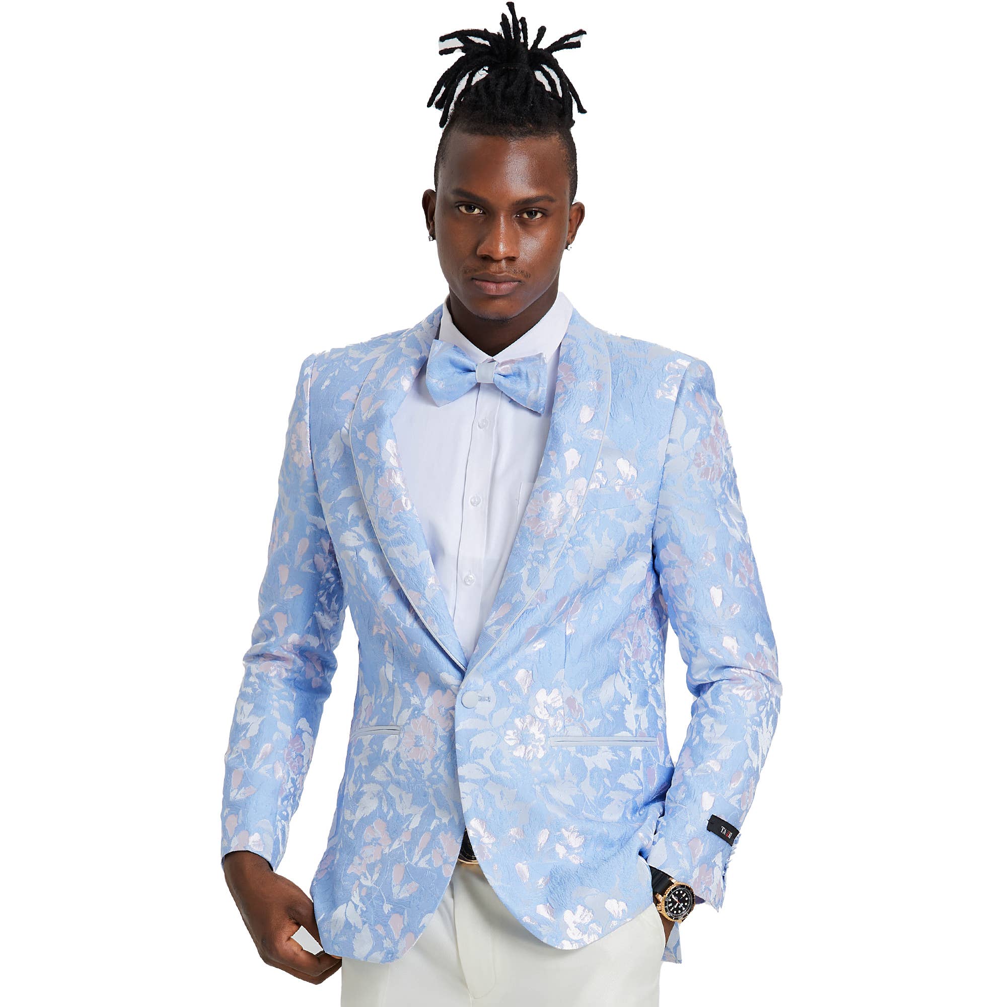 Men's Slim Floral Blazer w/ Bowtie, Shawl, Sky and Sliver