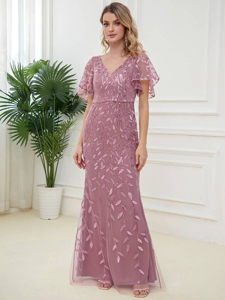 Gorgeous Leaf-Sequined Evening Dress