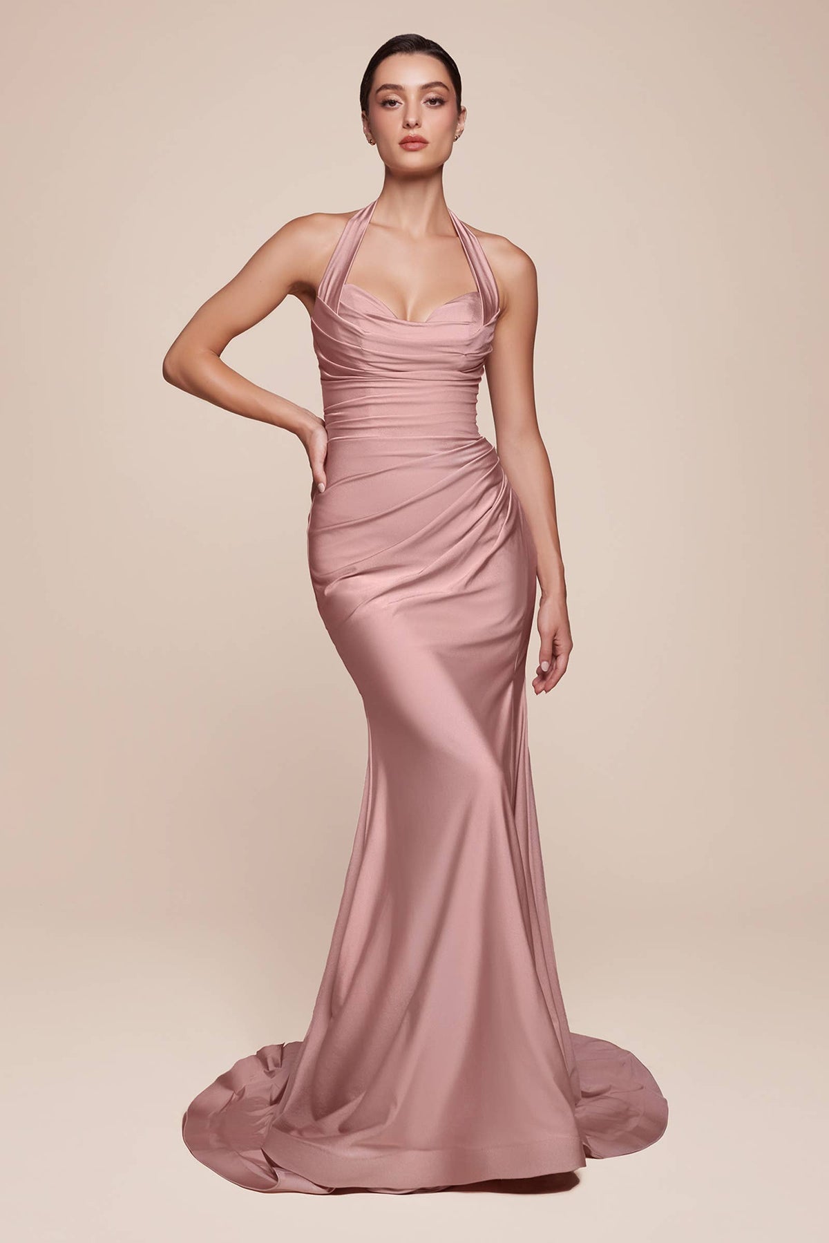 STETCH SATIN HALTER FITTED DRESS