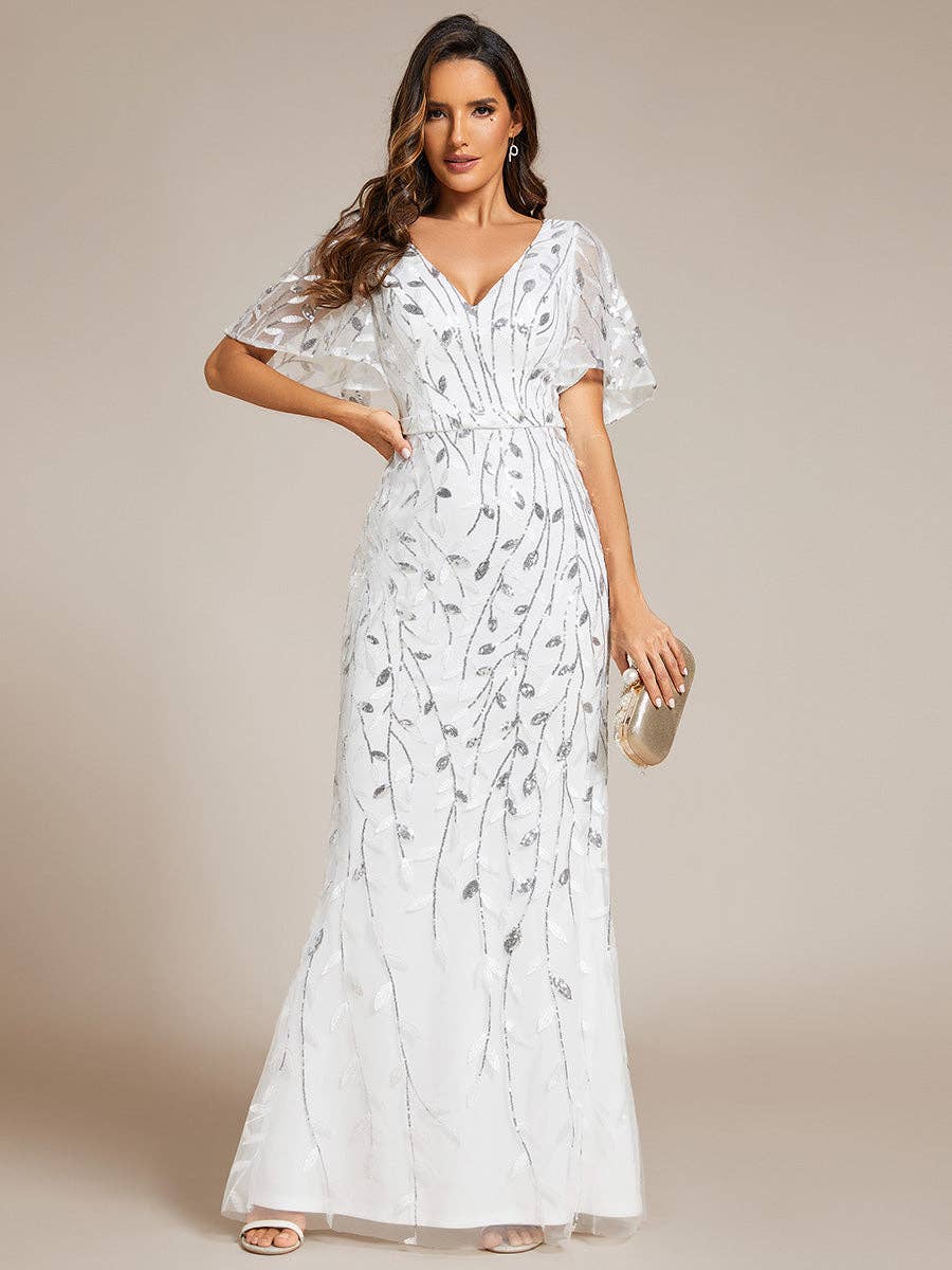 Gorgeous Leaf-Sequined Evening Dress