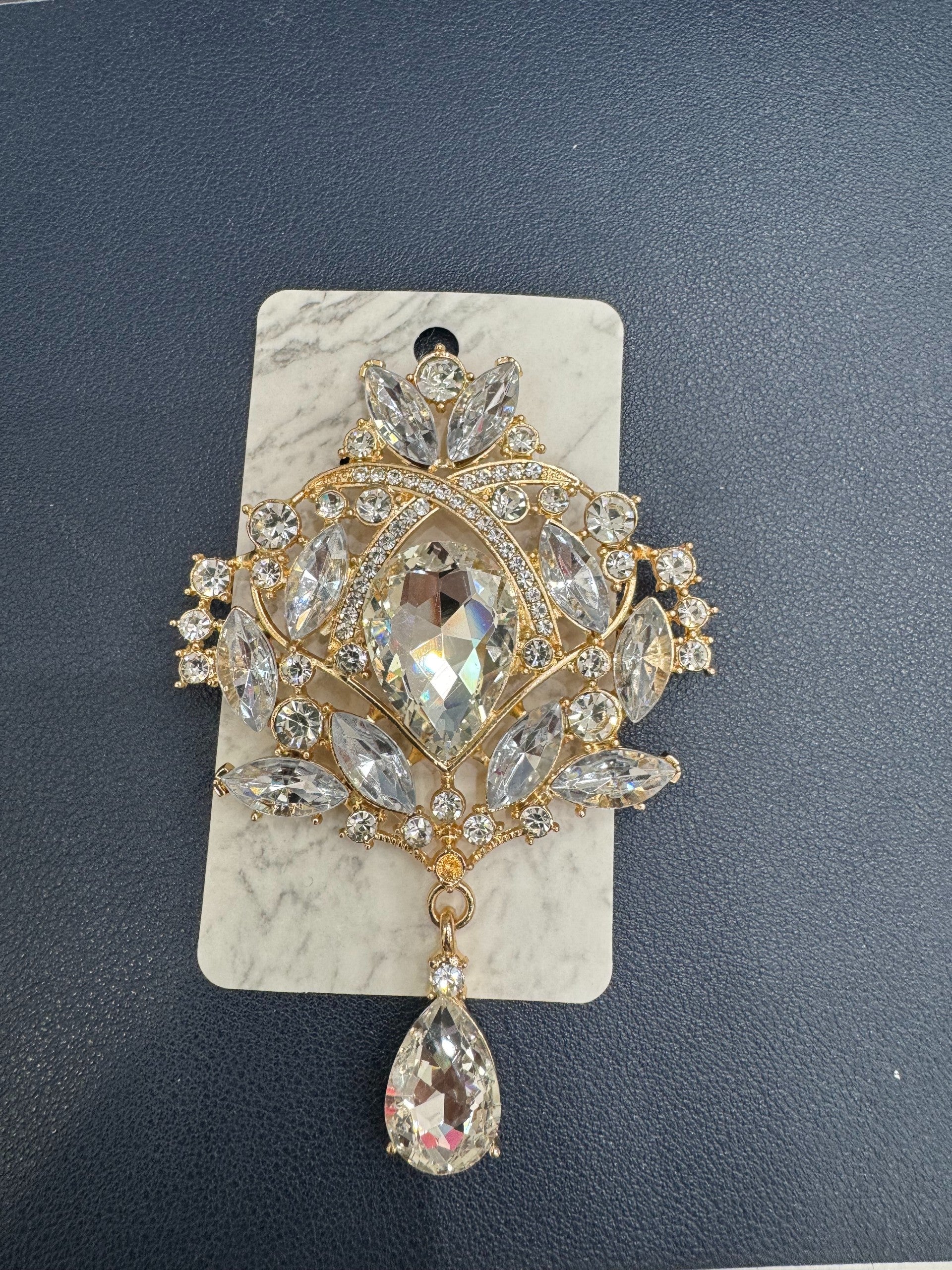 Large Gold Crystal Drop Brooch
