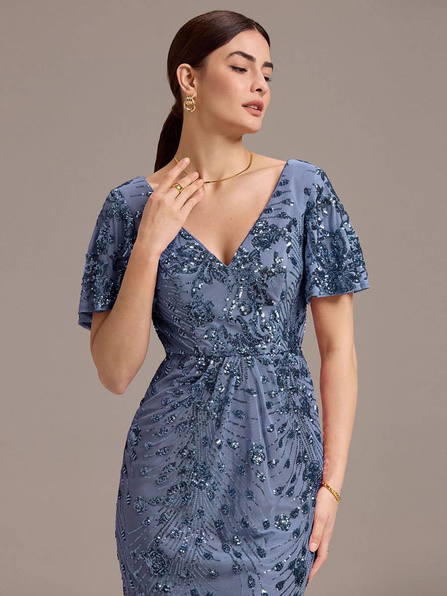 Strapless Deep Fishtail Paillette Midi Evening Dresses