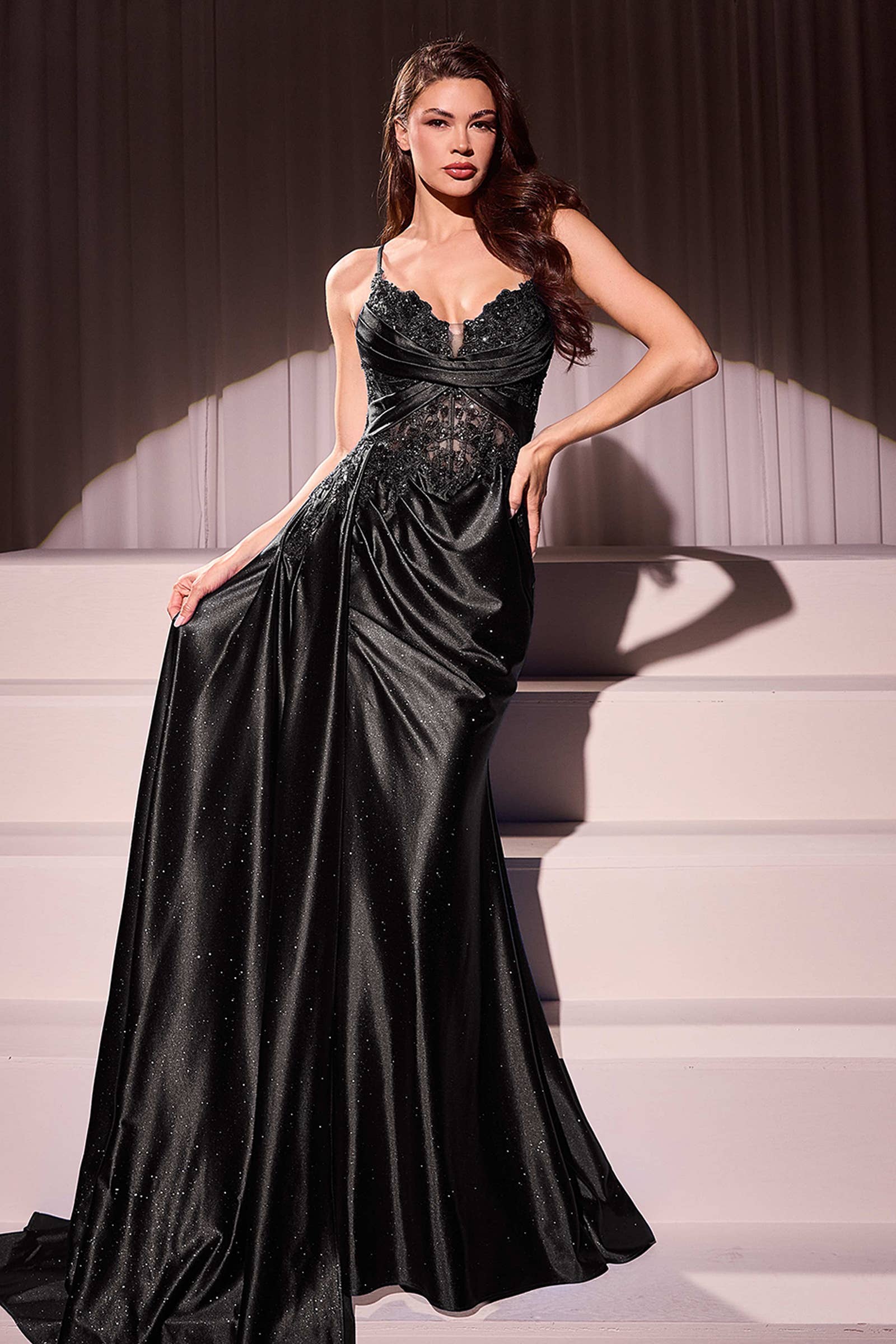 FITTED SATIN & LACE EVENING GOWN