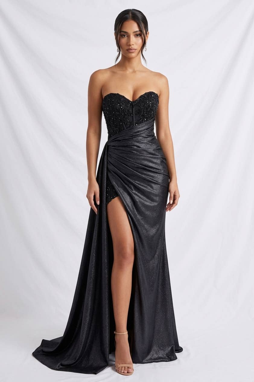 Floor length satin sweetheart dress with split skirt C843