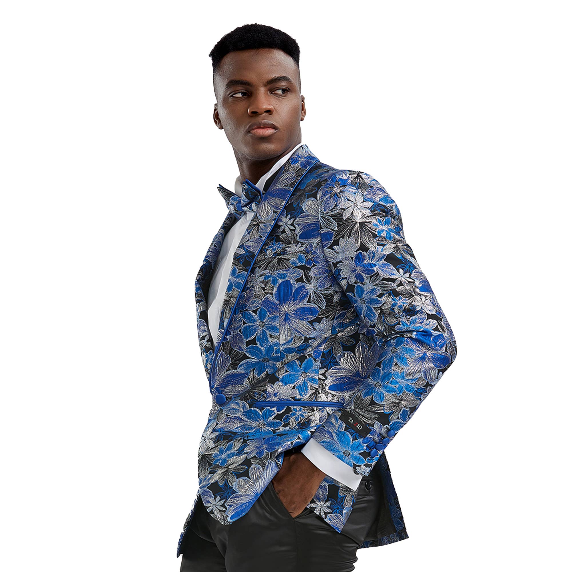 Men's Slim Textured Floral Blazer, Shawl Collar, Royal